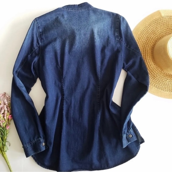 Cabi Womens Sz XS Blue Tie Neck Chambray Denim Button Front Shirt Top Blouse - Picture 6 of 16